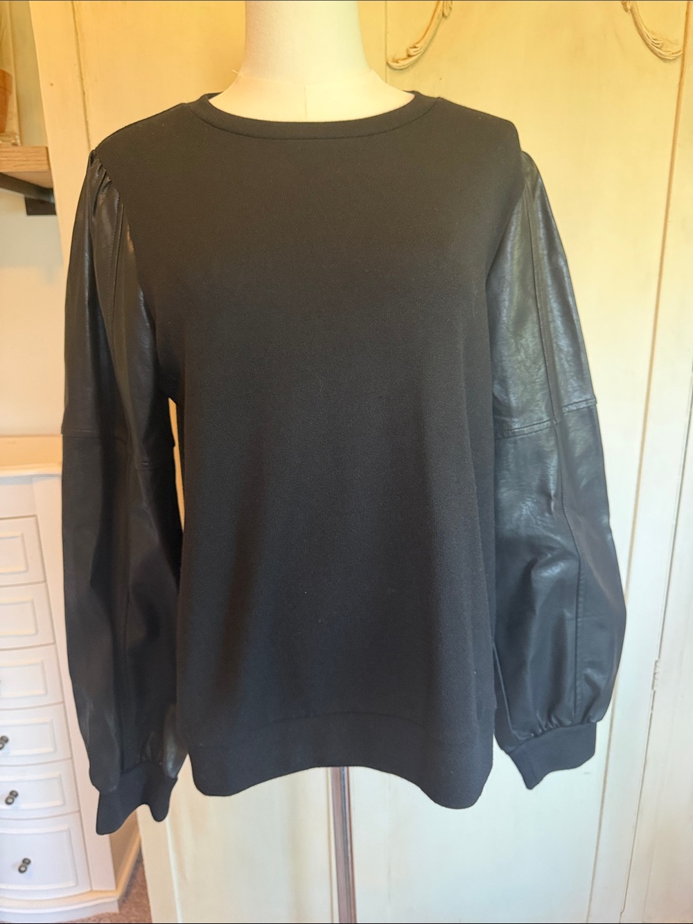 THML Black Crewneck Sweater with Faux-Leather Balloon Sleeves